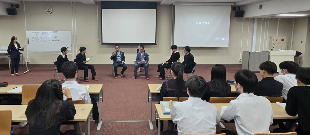 Embassy representatives delivering a lecture at Kudan Pre-Secondary School in Tokyo