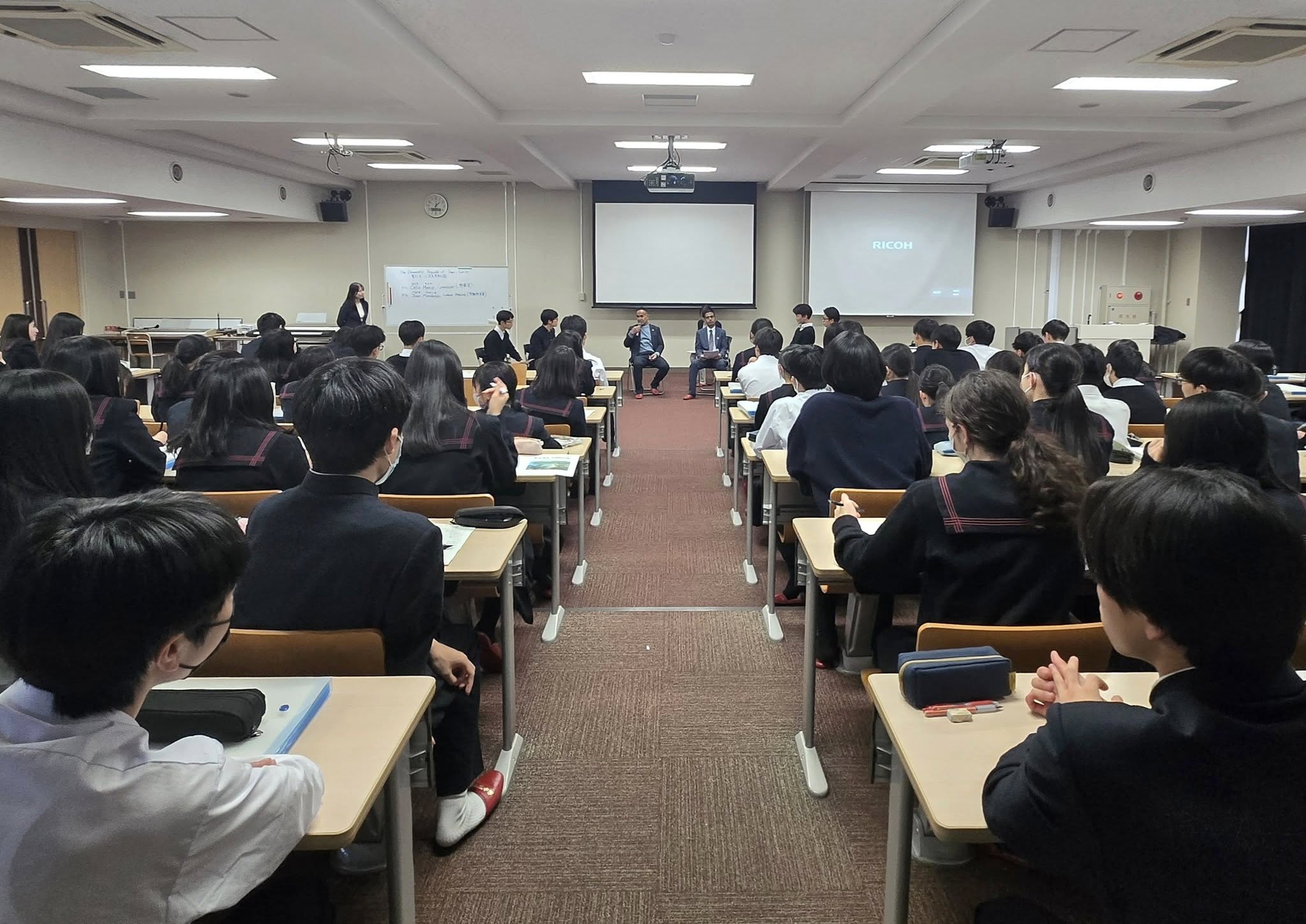 Embassy representatives delivering a lecture at Kudan Pre-Secondary School in Tokyo