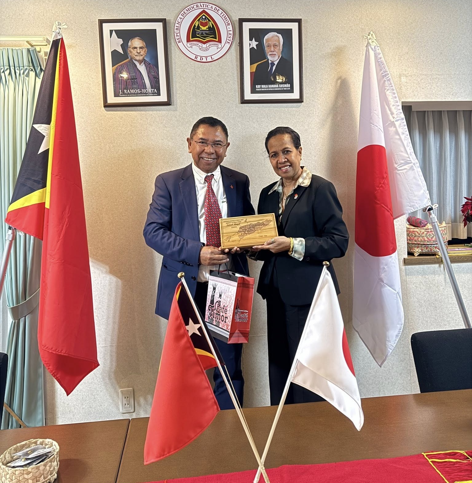 Ambassador Maria Terezinha da Silva Viegas receives a courtesy visit from Timor-Leste Minister of Public Works Samuel Marçal at the Embassy of Timor-Leste in Tokyo, January 2026