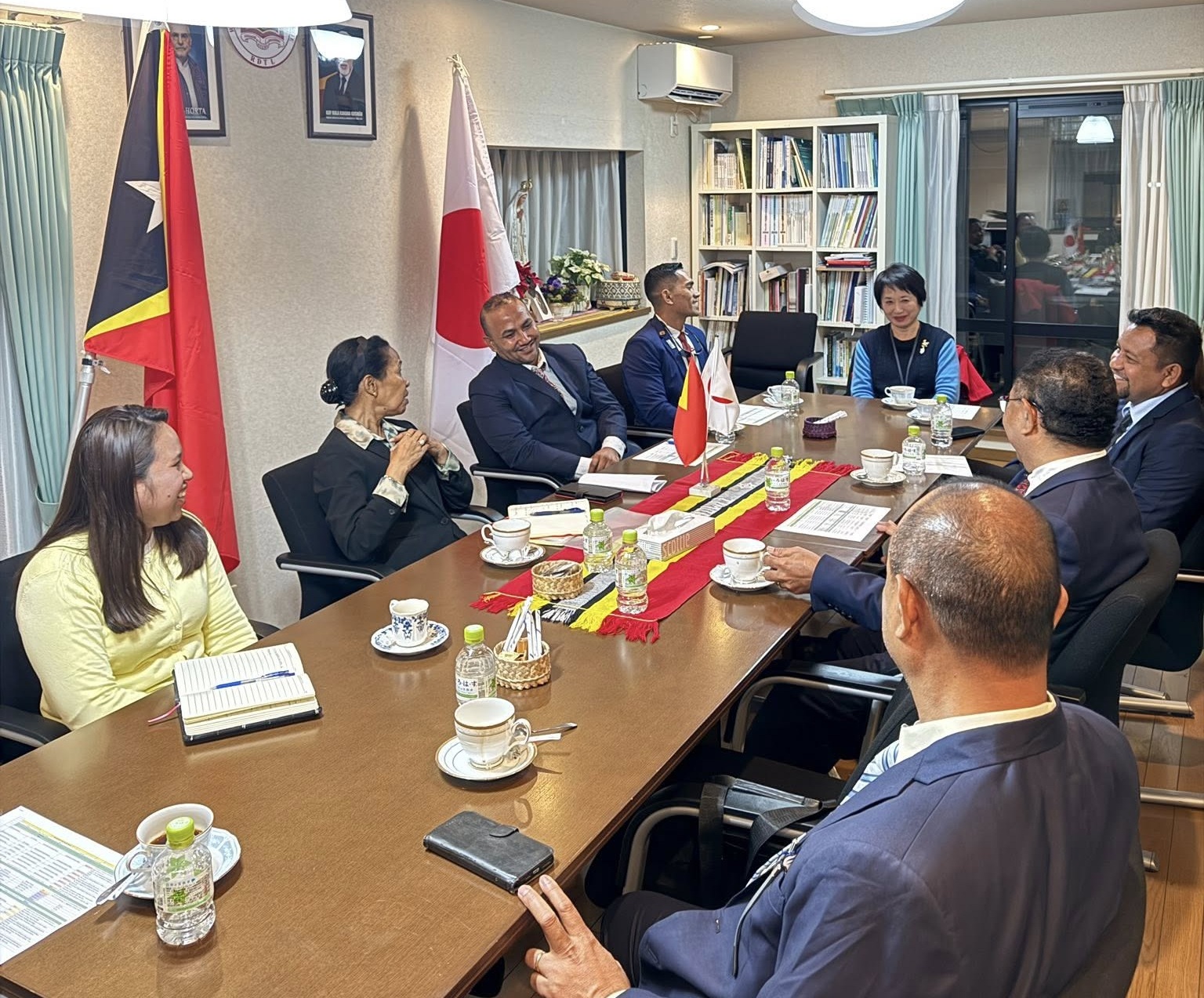 Official meeting between the Timor-Leste Embassy in Tokyo and the Minister of Public Works Samuel Marçal discussing diplomatic coordination and embassy activities