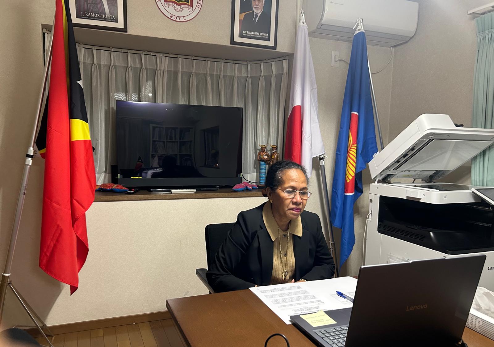 Ambassador Maria Terezinha da Silva Viegas addressing Timorese students during virtual academic symposium in Tokyo