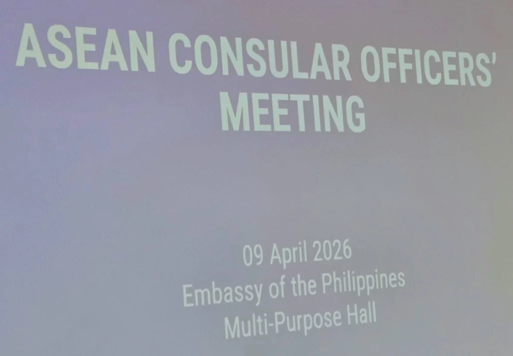 Counselor Celio Moniz with ASEAN diplomats at the Philippines Embassy in Tokyo discussing foreign resident policies.