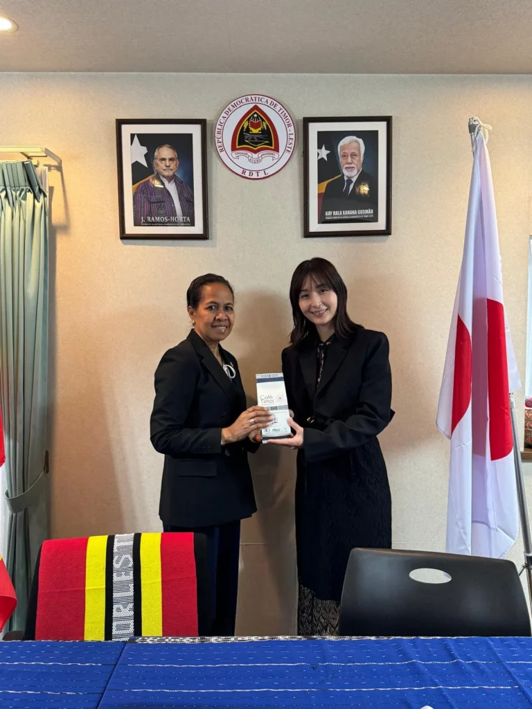 H.E. Maria Viegas with Miss Water Japan 2026 and KANSEI Managing Director Suzuki Masaji at the Embassy in Tokyo.