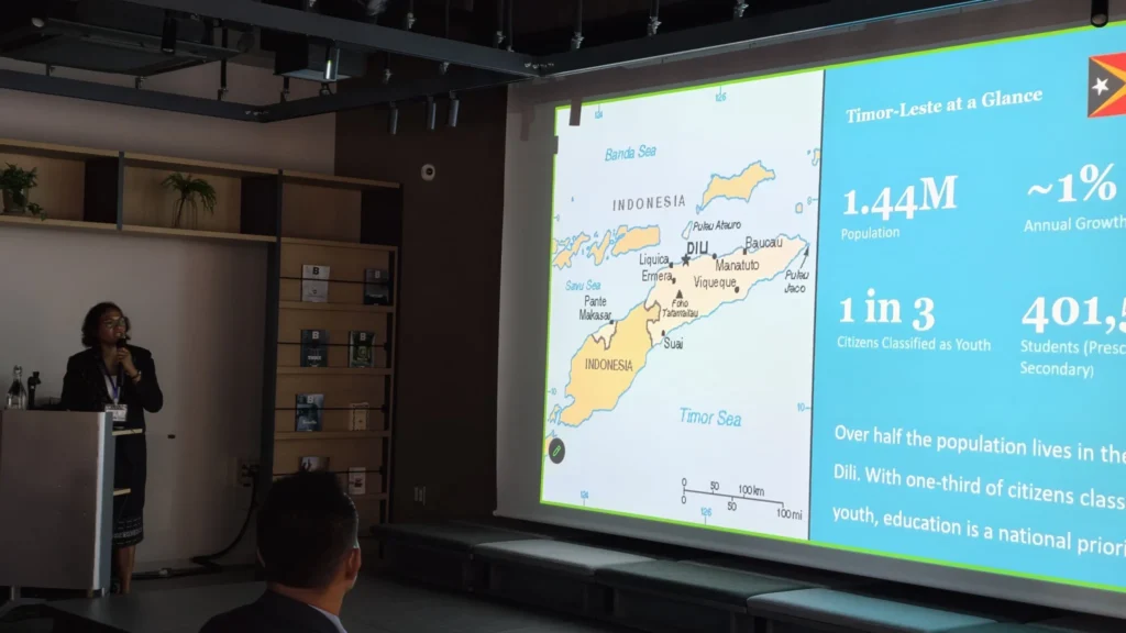 Minister of Education of Timor-Leste delivering a presentation at Hiroshima University during an official visit to Japan.