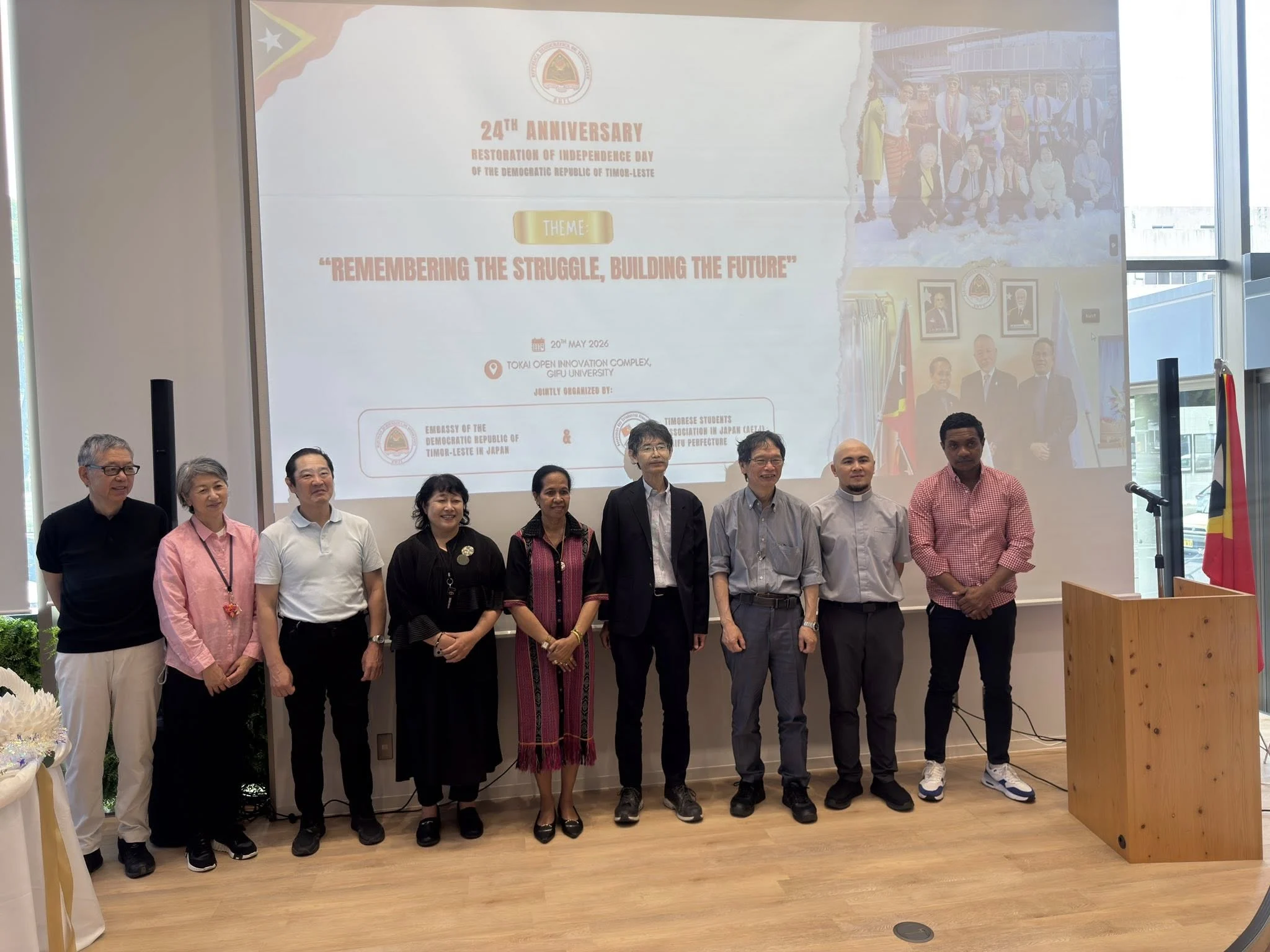 H.E. Ambassador Maria Terezinha da Silva Viegas together with Embassy of Timor-Leste officials, AEJT representatives, professors, and Timorese students during the 24th Anniversary of the Restoration of Independence celebration at Gifu University, Japan, on 20 May 2026.