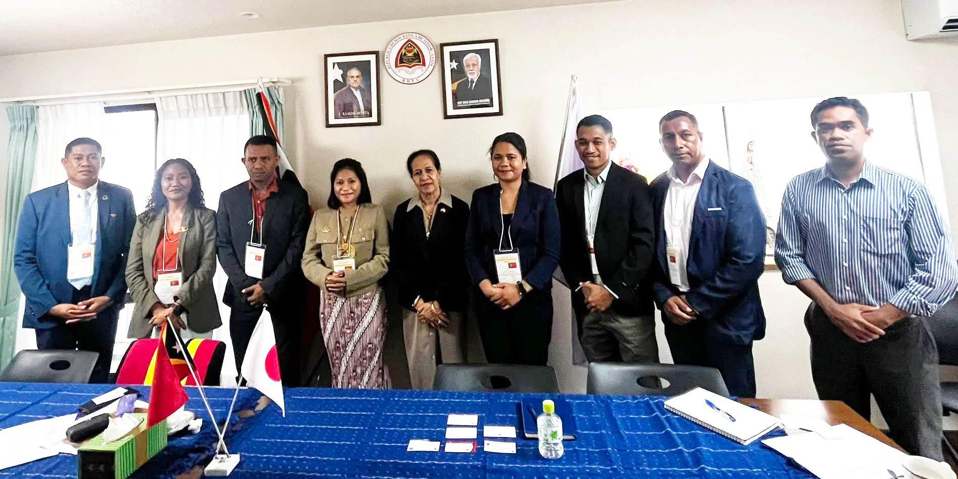 Ambassador Viegas, Third Secretary Egídio, and the seven new JDS scholarship students at the Embassy of Timor-Leste in Tokyo